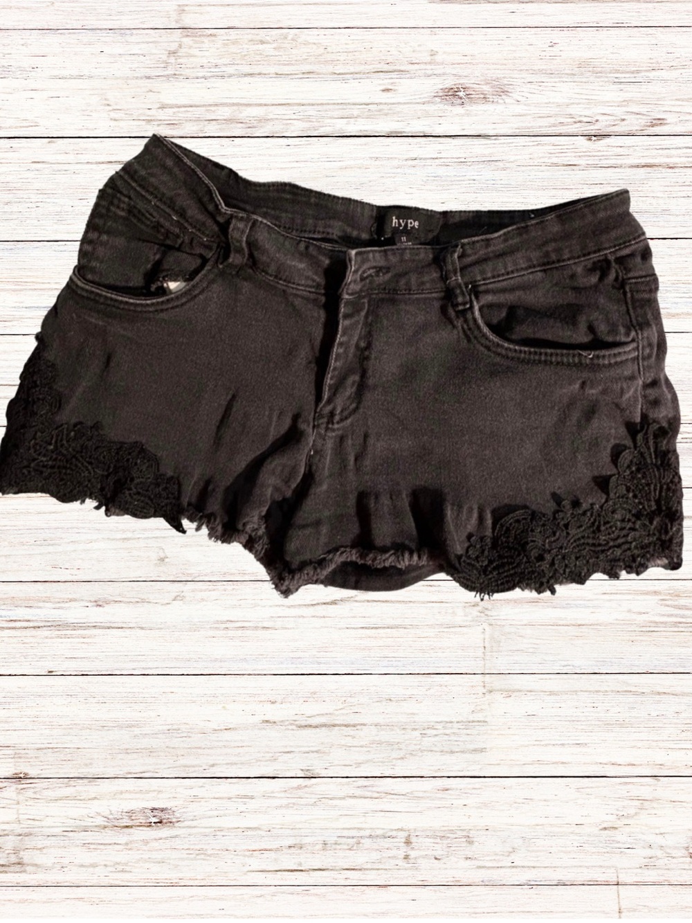 HYPE CUTOFF SHORTS Black Denim Lace Accented Black Jean Shorts Juniors Size 11